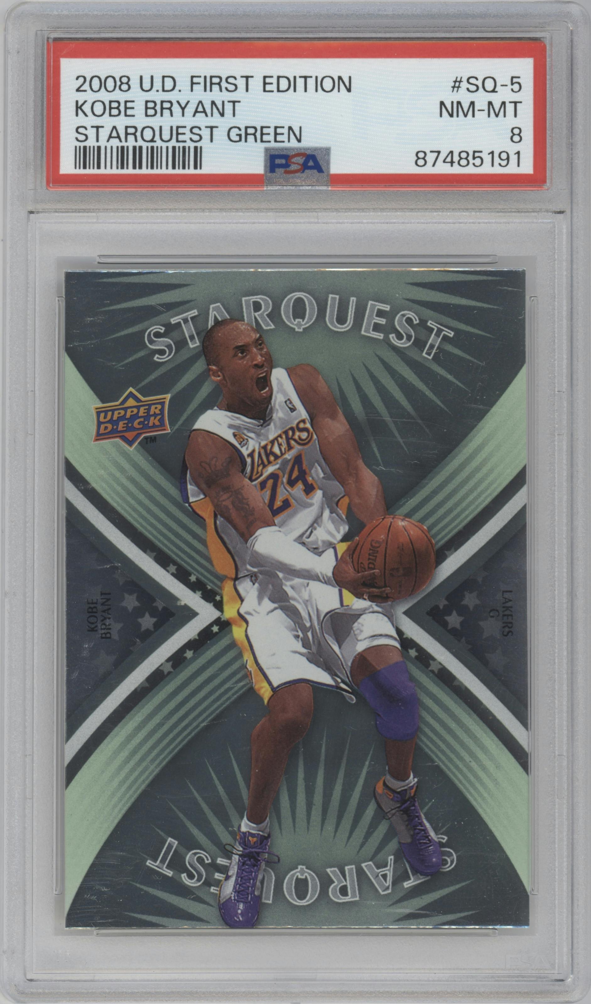 Kobe Bryant from the 2008-09 Upper Deck First Edition set featuring a Green parallel graded by PSA and given an overall grade of 8.