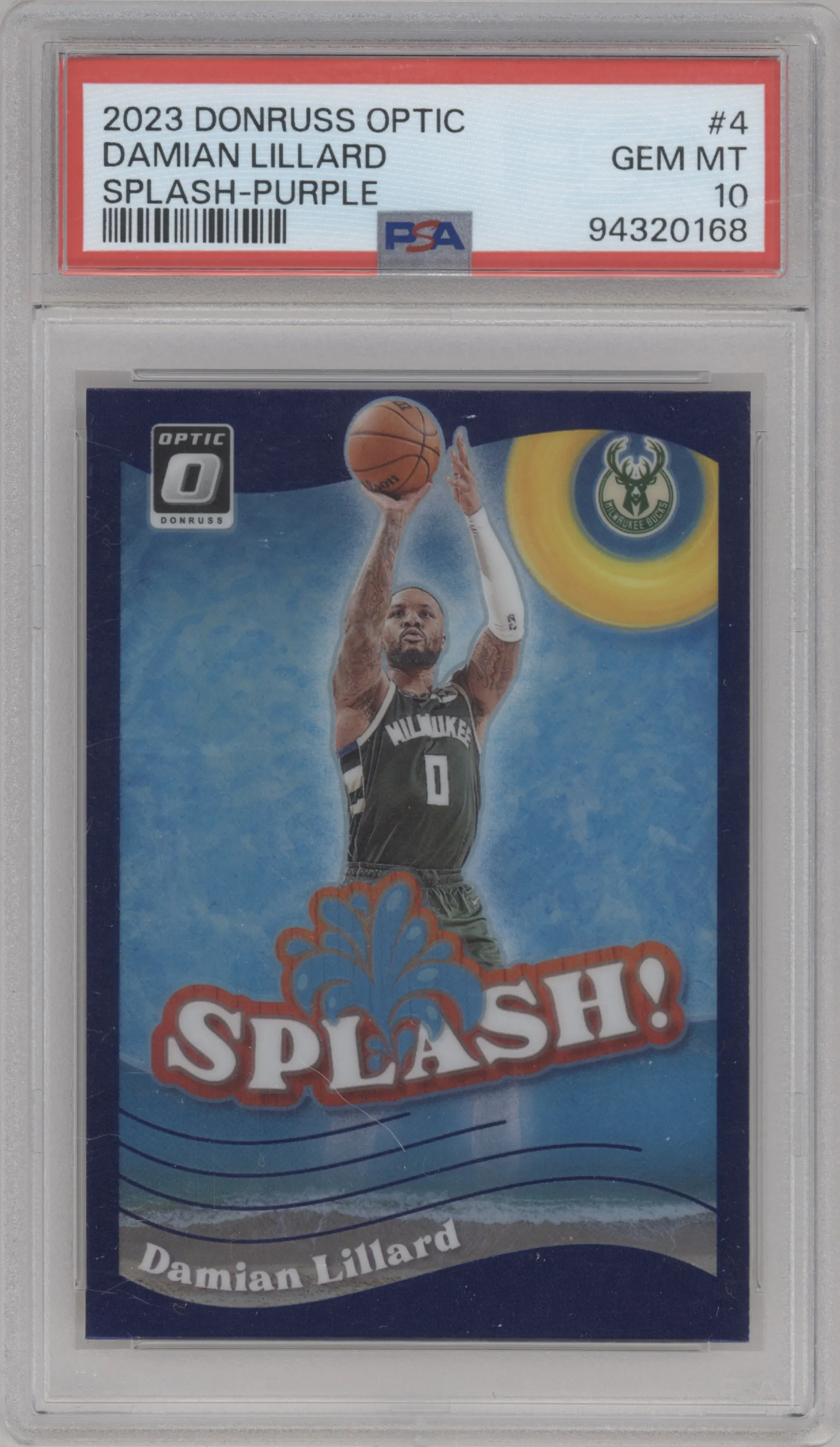 Damian Lillard from the 2023-24 Donruss Optic set featuring a Purple parallel graded by PSA and given an overall grade of 10.