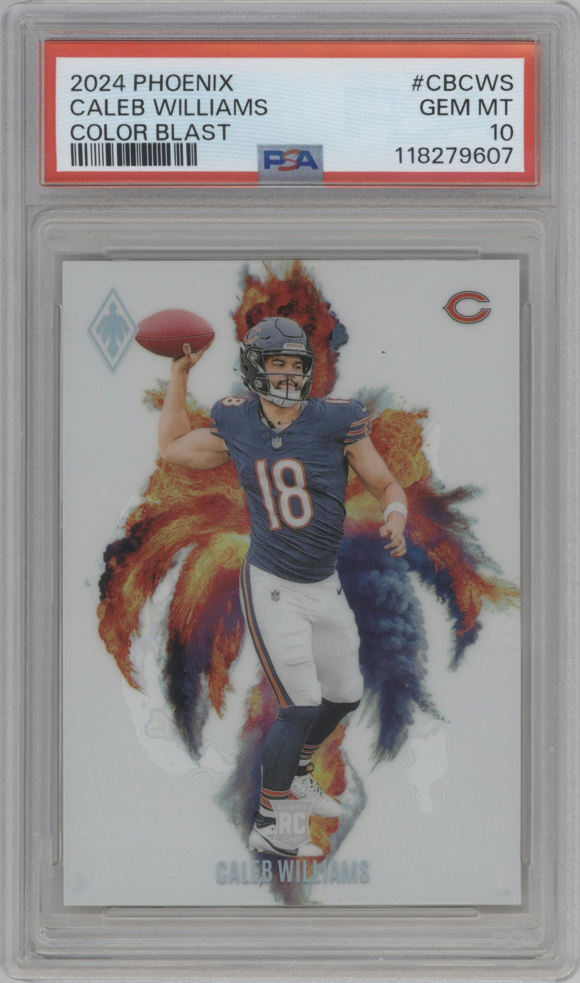 Caleb Williams from the 2024 Panini Phoenix set graded by PSA and given an overall grade of 10.