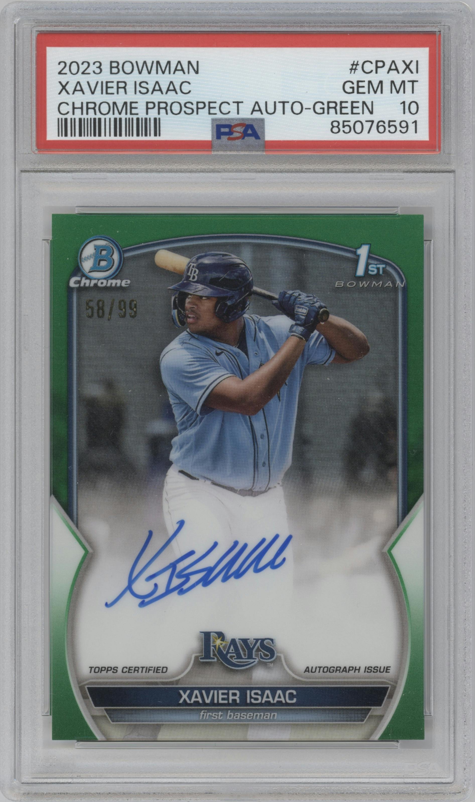 Xavier Isaac from the 2023 Bowman  set featuring a Green Refractor parallel graded by PSA and given an overall grade of 10.