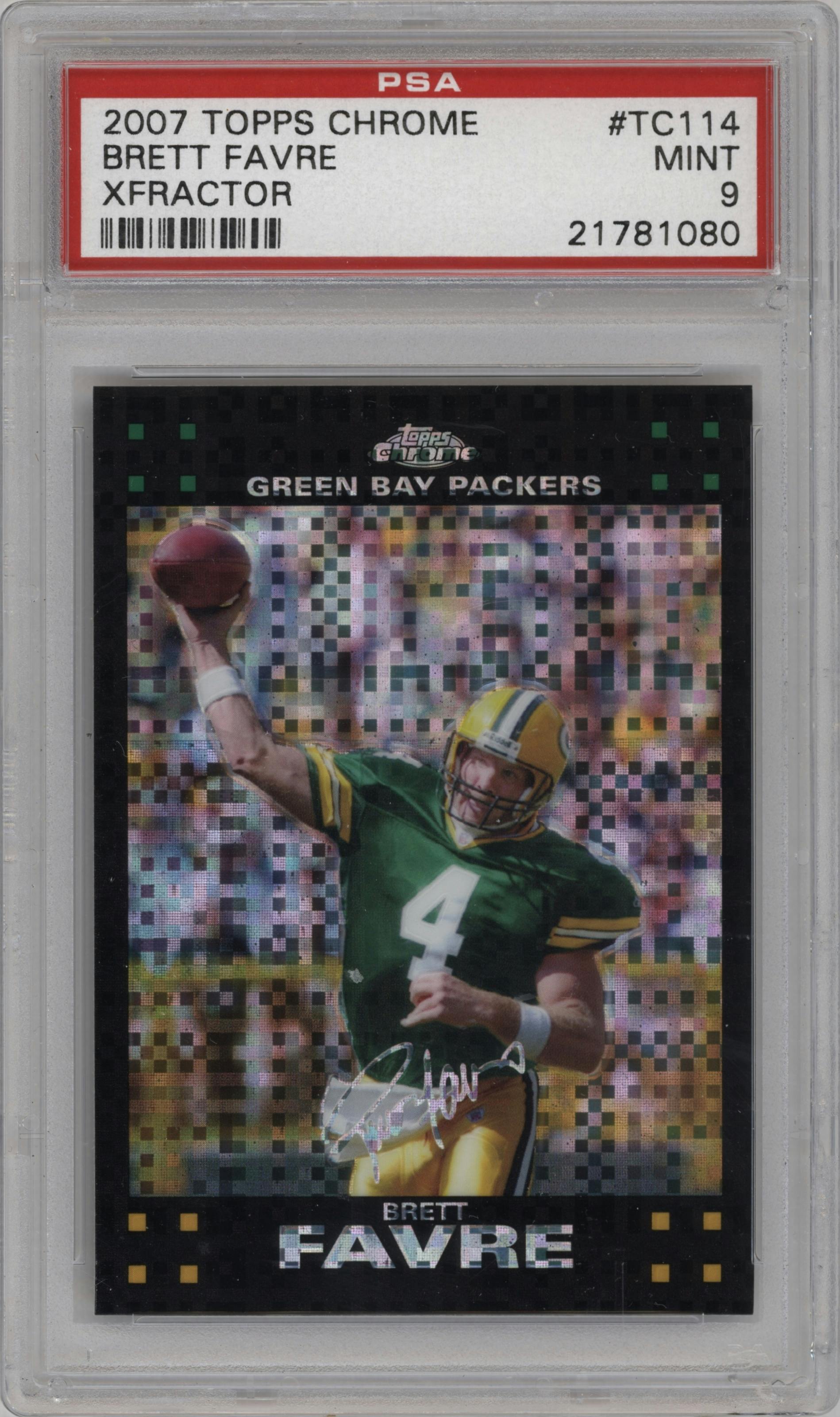 Brett Favre from the 2007 Topps Chrome set featuring a XFractor parallel graded by PSA and given an overall grade of 9.