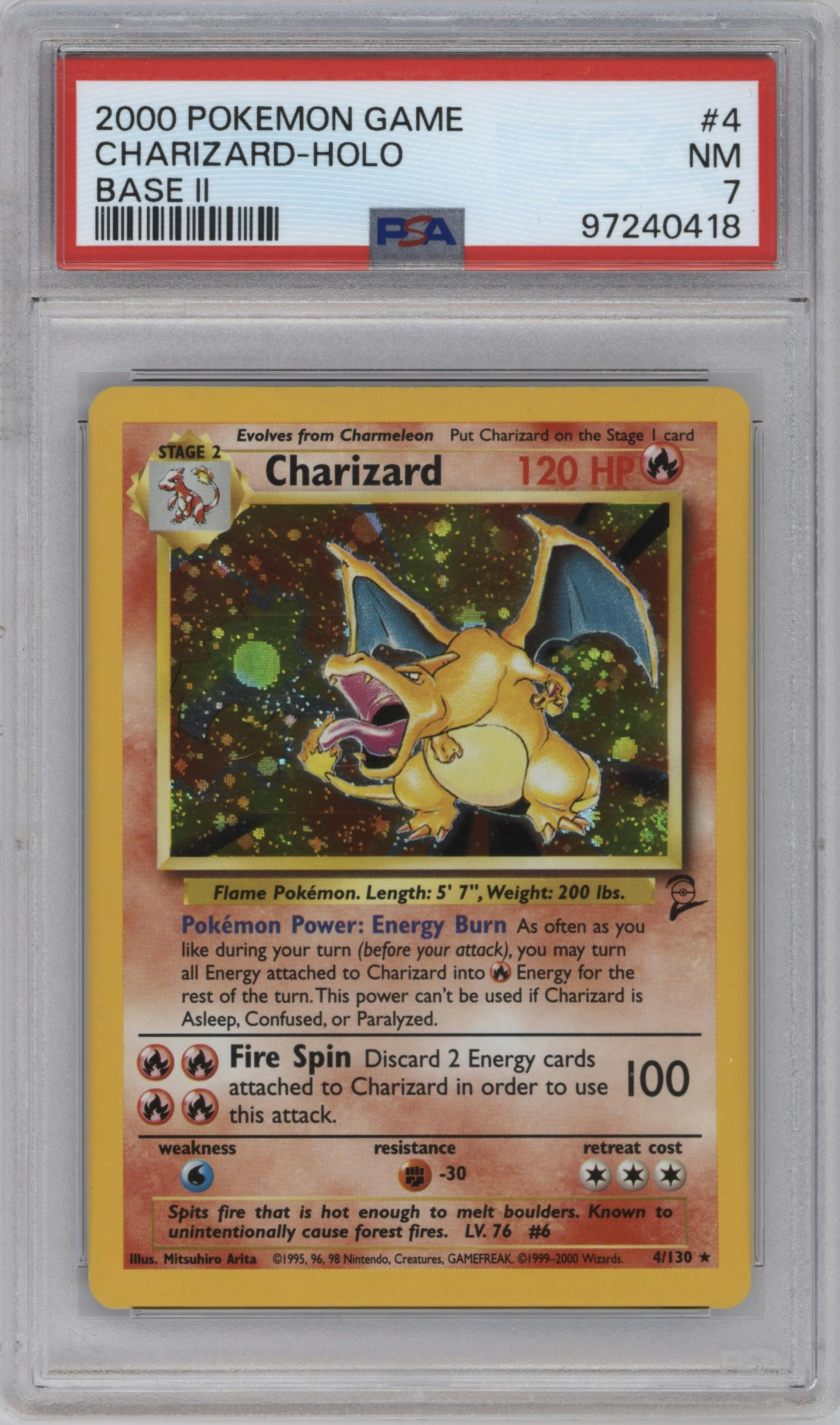 Charizard from the 2000 Pokemon set graded by PSA and given an overall grade of 7.