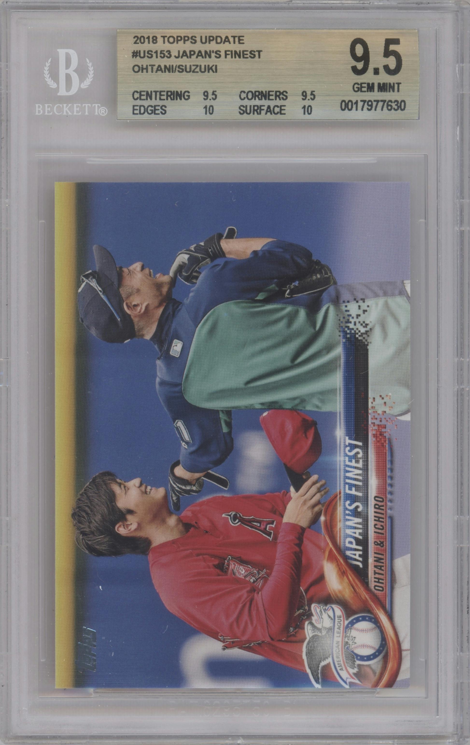 Shohei Ohtani/Ichiro Suzuki from the 2018 Topps Update set graded by Beckett and given an overall grade of 9.5.