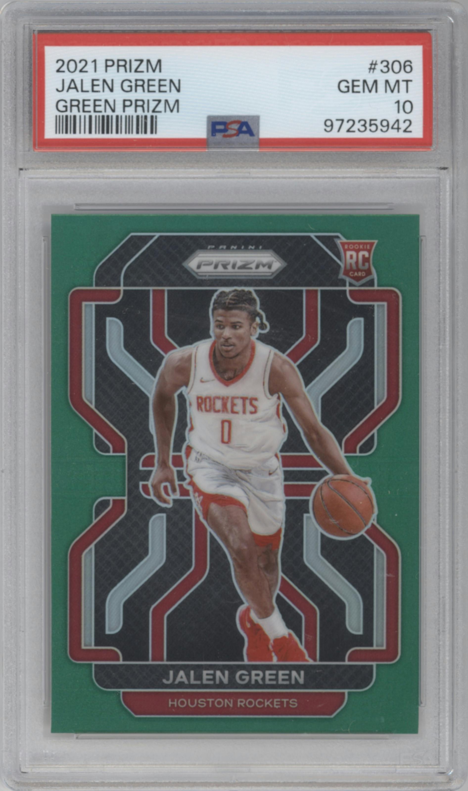 Jalen Green from the 2021-22 Panini Prizm  set featuring a Green Prizm parallel graded by PSA and given an overall grade of 10.