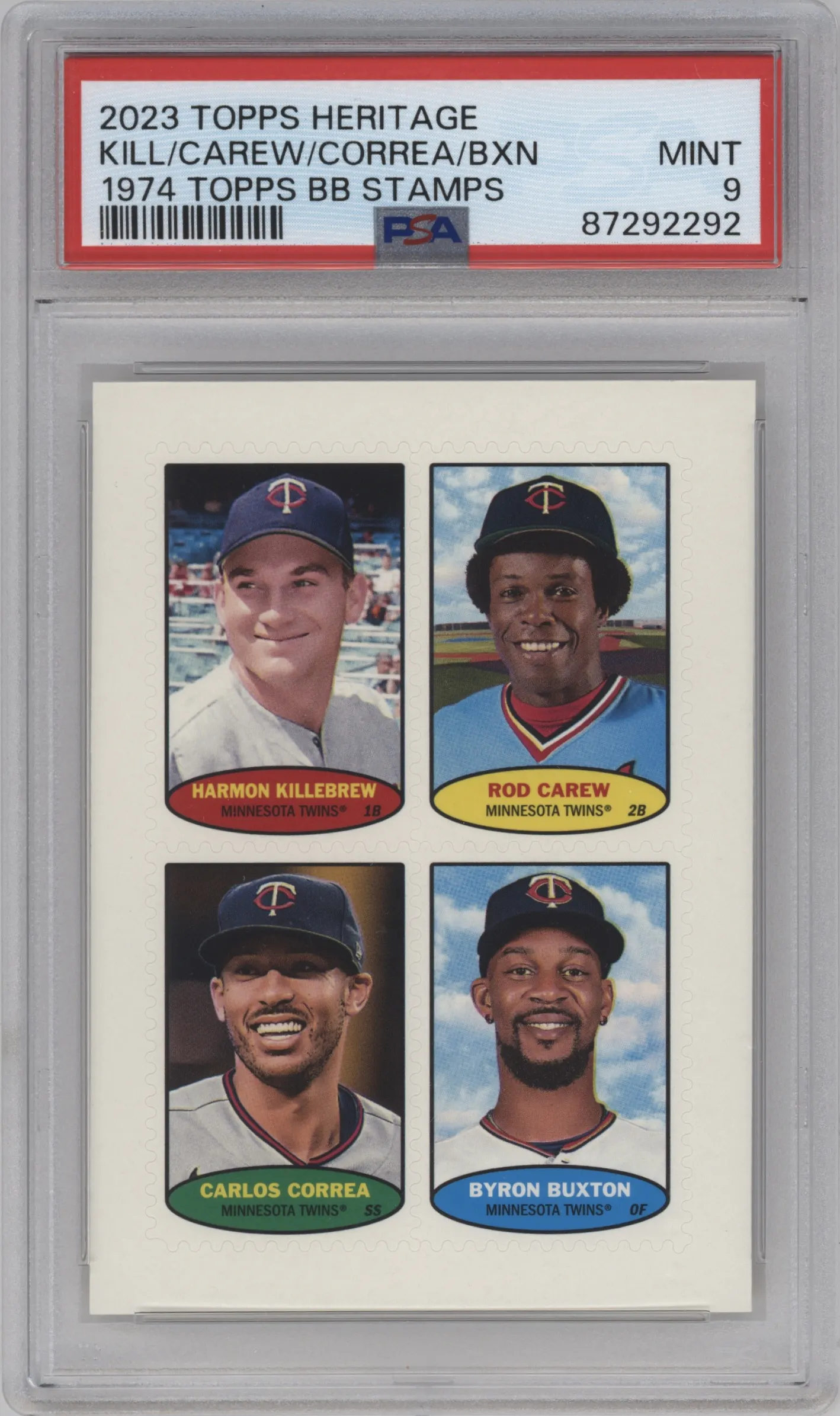 2023 Topps Heritage 1974 Topps Stamps Harmon Killebrew/Rod Carew/Carlos Correa/Byron Buxton #74BS-5-8 PSA 9
