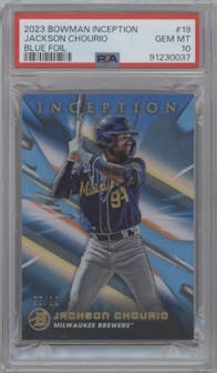 Jackson Chourio from the 2023 Bowman Inception set featuring a Blue Foil parallel graded by PSA and given an overall grade of 10.