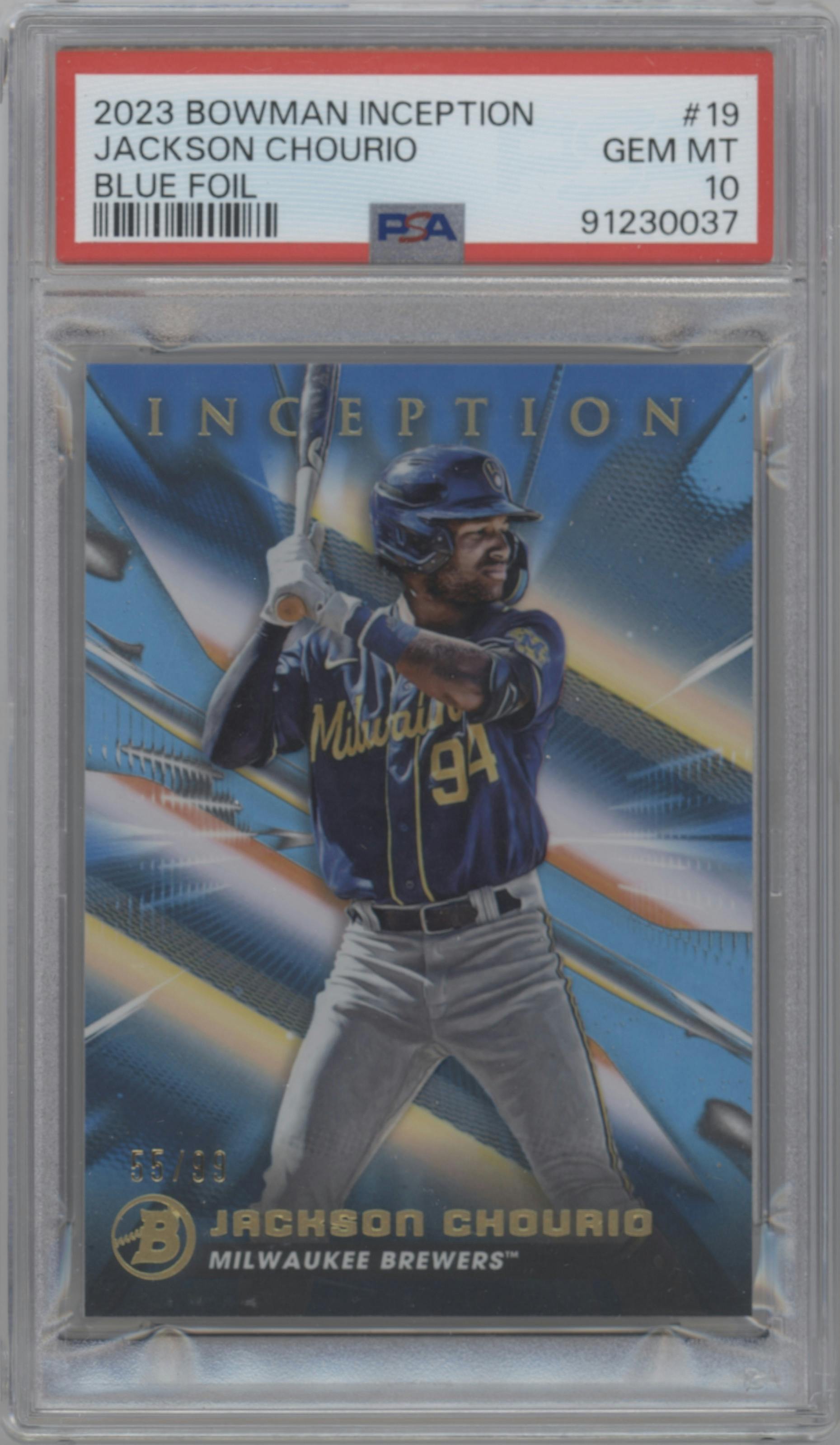 Jackson Chourio from the 2023 Bowman Inception set featuring a Blue Foil parallel graded by PSA and given an overall grade of 10.