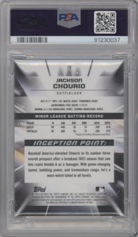 Jackson Chourio from the 2023 Bowman Inception set featuring a Blue Foil parallel graded by PSA and given an overall grade of 10.