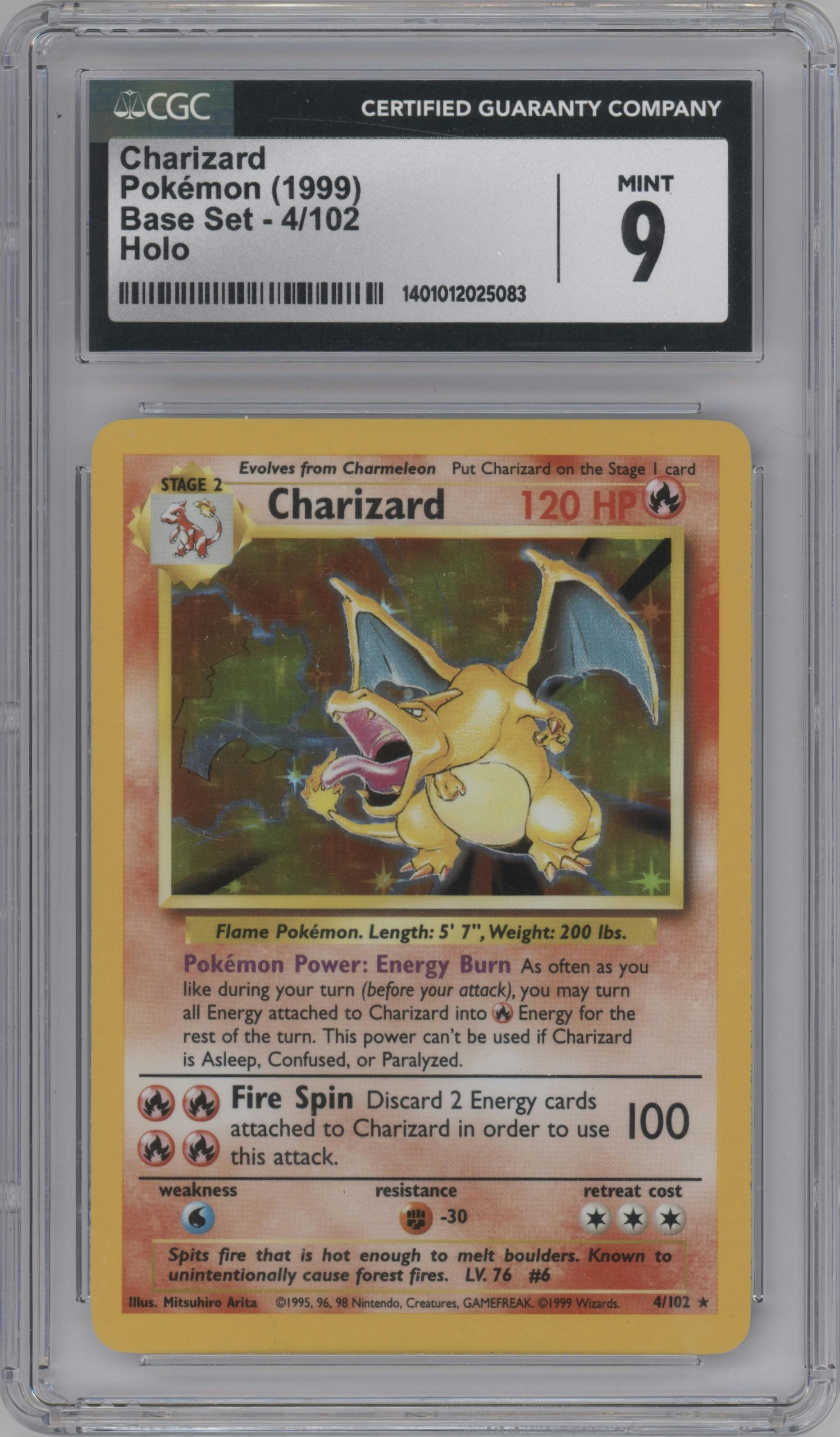 Charizard from the 1999 Pokemon set graded by CSG and given an overall grade of 9.