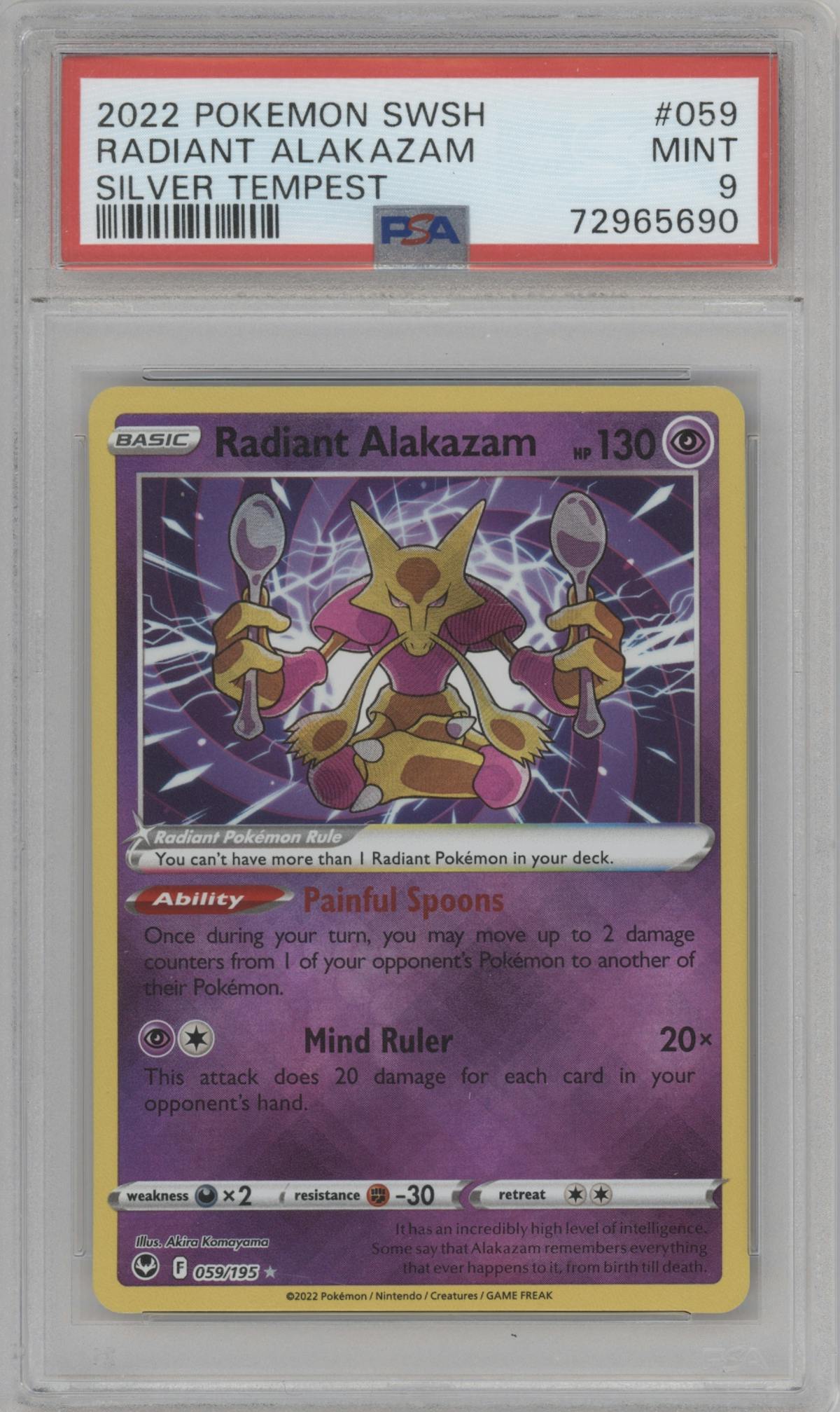 Radiant Alakazam from the 2022 Pokemon SWSH set graded by PSA and given an overall grade of 9.