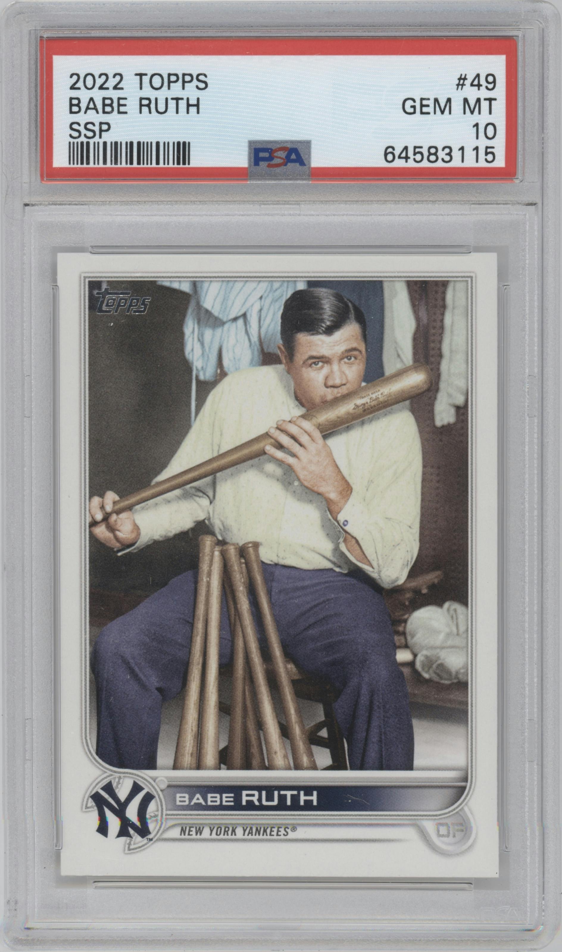 Babe Ruth from the 2022 Topps  Series 1 set graded by PSA and given an overall grade of 10.