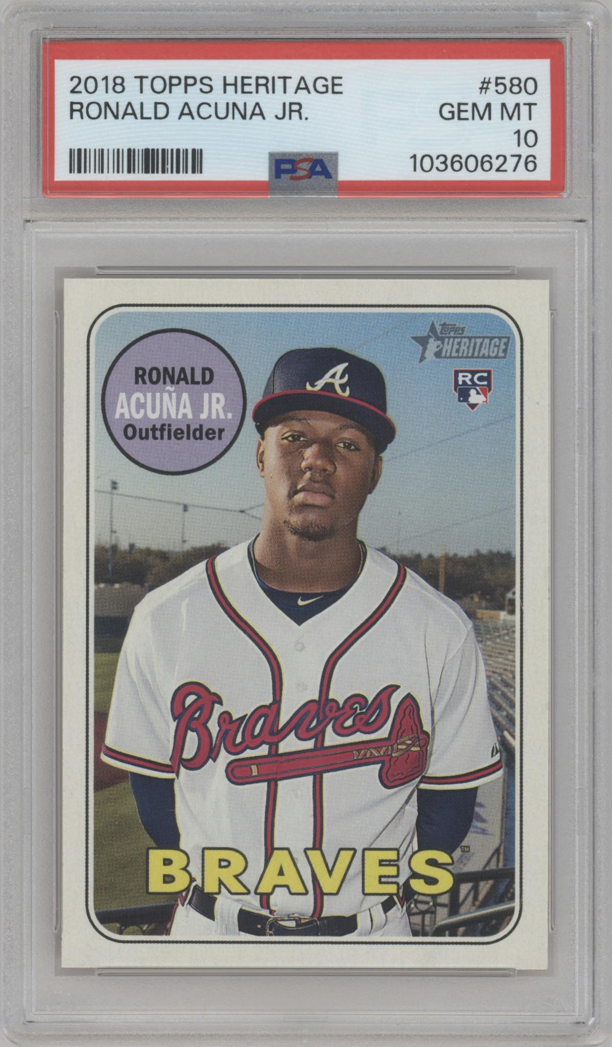 Ronald Acuna Jr. from the 2018 Topps Heritage High Number set graded by PSA and given an overall grade of 10.
