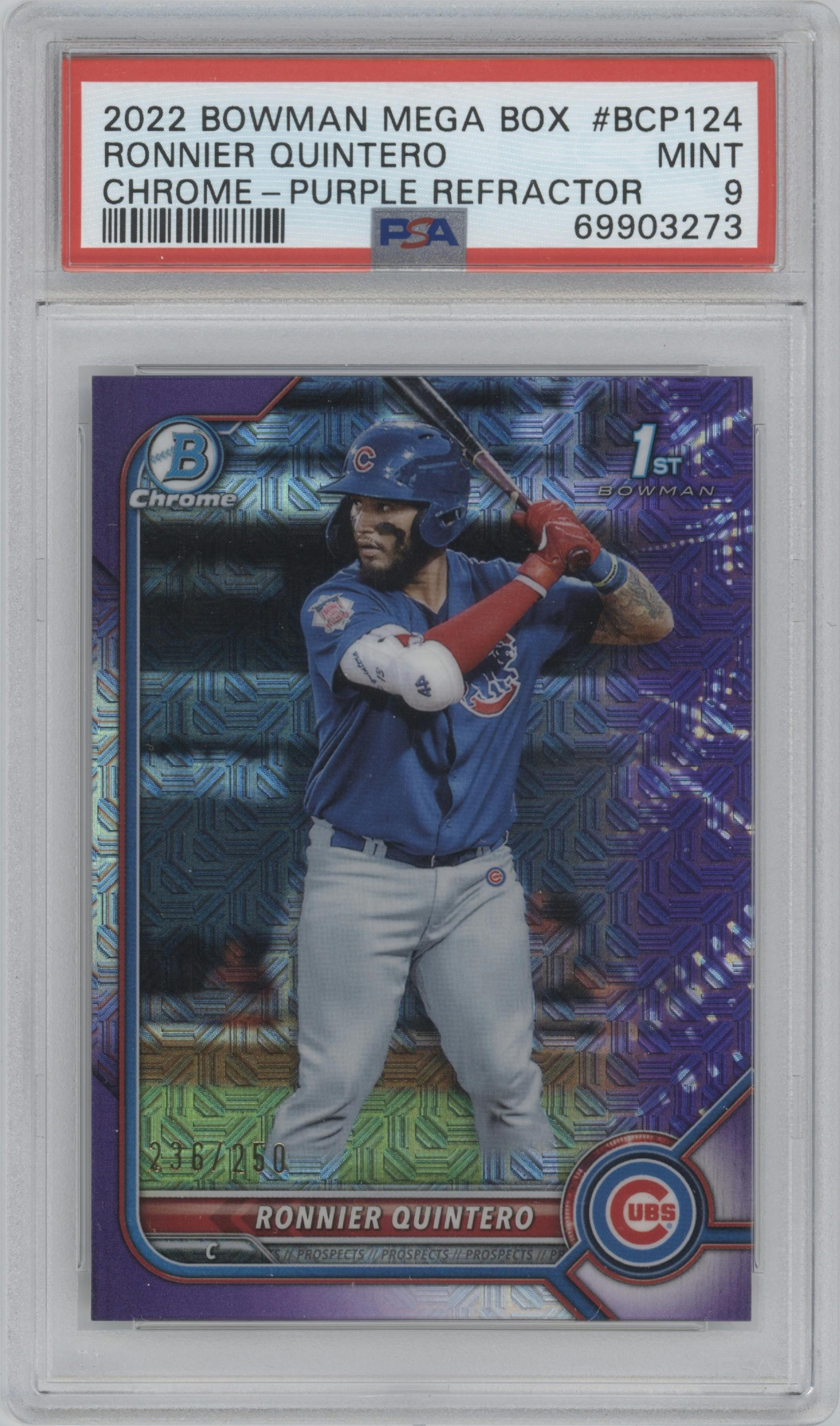Ronnier Quintero from the 2022 Bowman Mega Box set featuring a Purple Refractor parallel graded by PSA and given an overall grade of 9.