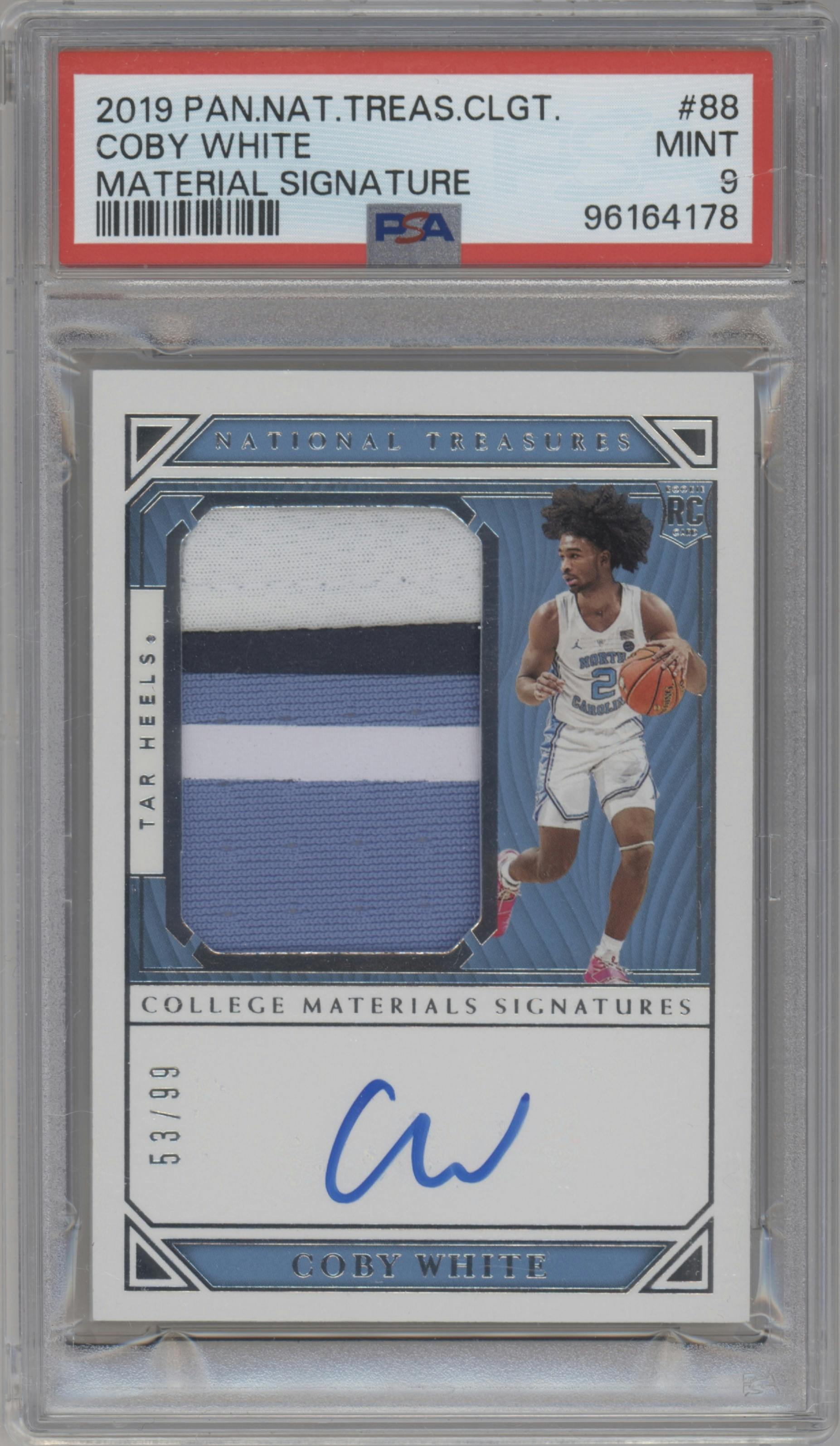 Coby White from the 2019-20 Panini National Treasures Collegiate Basketball set graded by PSA and given an overall grade of 9.