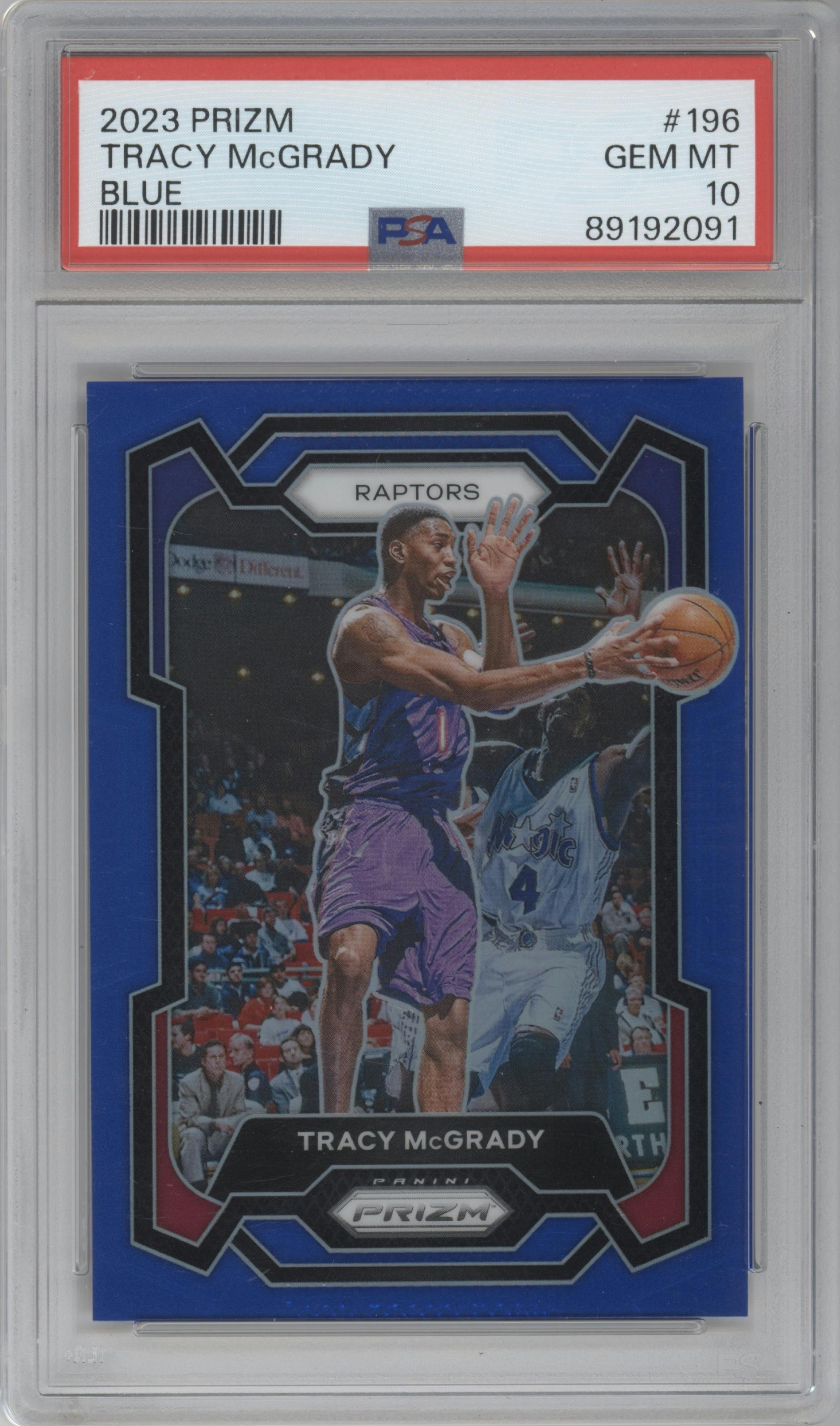 Tracy McGrady from the 2023-24 Panini Prizm set featuring a Blue Prizm parallel graded by PSA and given an overall grade of 10.