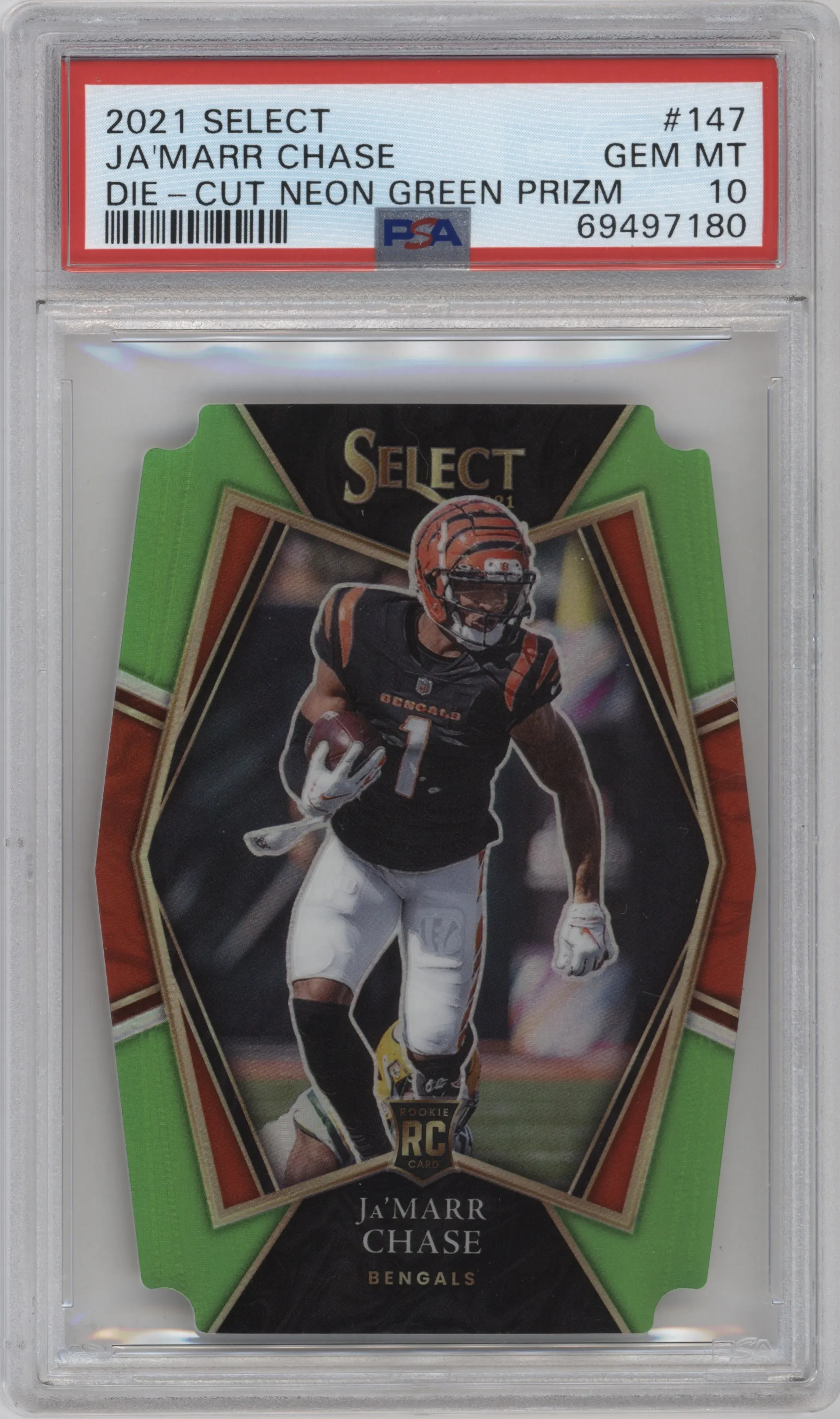 2021 Panini Select Pre.Lvl. Ja'Marr Chase Die-Cut Neon Green PSA 10