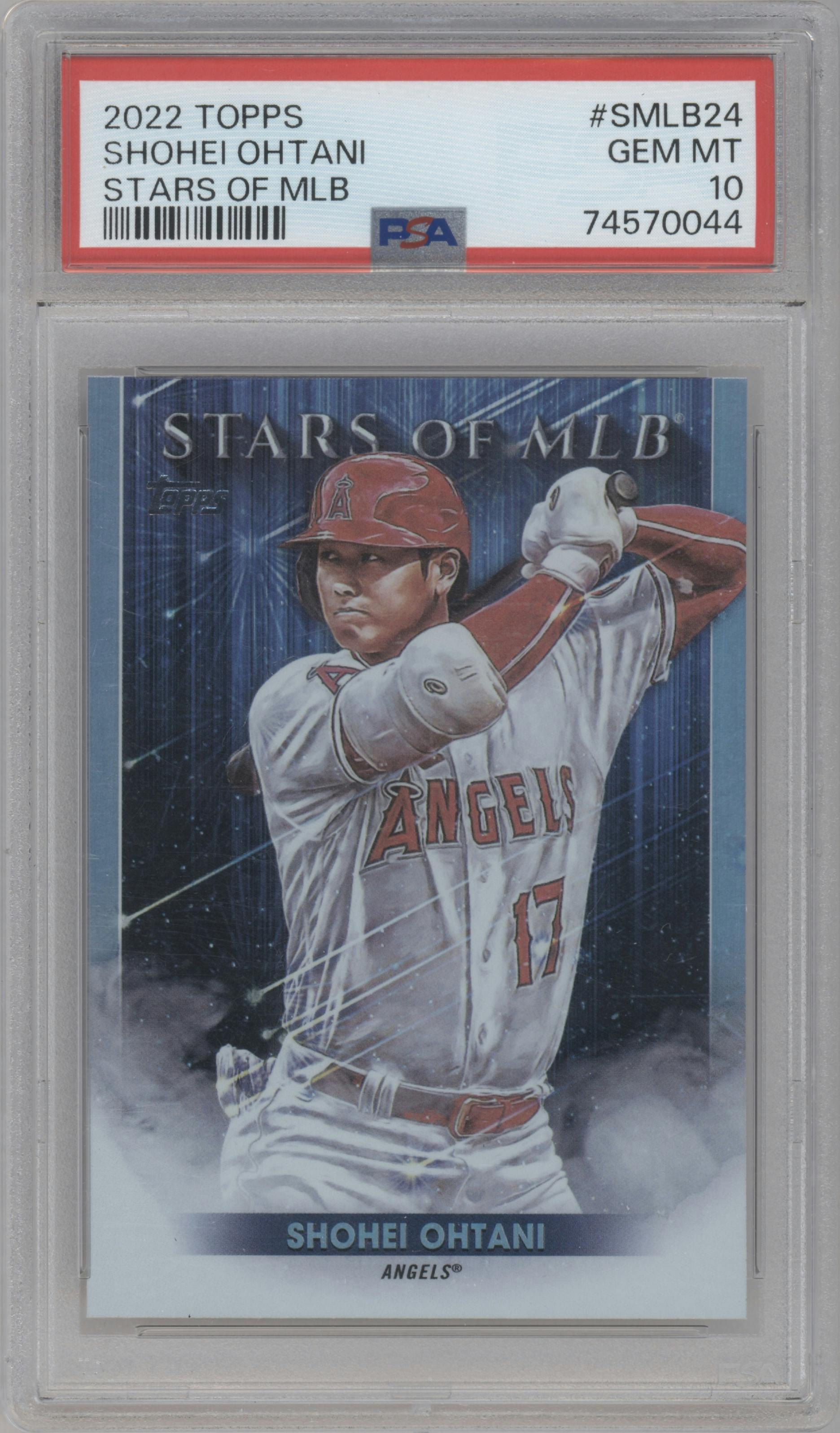 Shohei Ohtani from the 2022 Topps  Series 1 set graded by PSA and given an overall grade of 10.