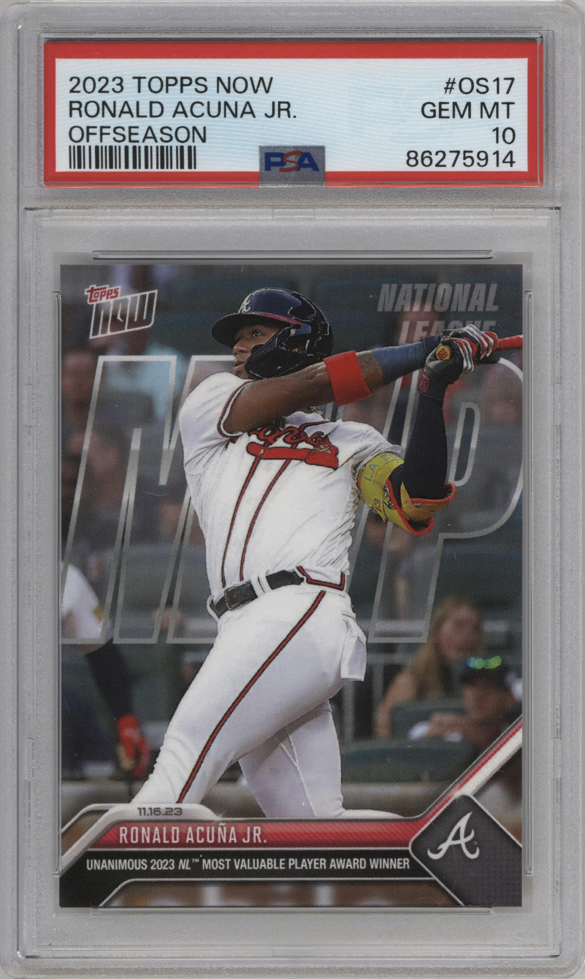 Ronald Acuna Jr. from the 2023-24 Topps Now Off-Season set graded by PSA and given an overall grade of 10.