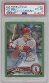 Mike Trout from the 2020 Topps Chrome Employee Exclusive set featuring a Green Refractor parallel graded by PSA and given an overall grade of 10.
