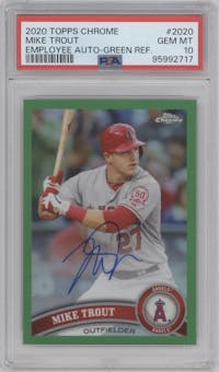 Mike Trout from the 2020 Topps Chrome Employee Exclusive set featuring a Green Refractor parallel graded by PSA and given an overall grade of 10.
