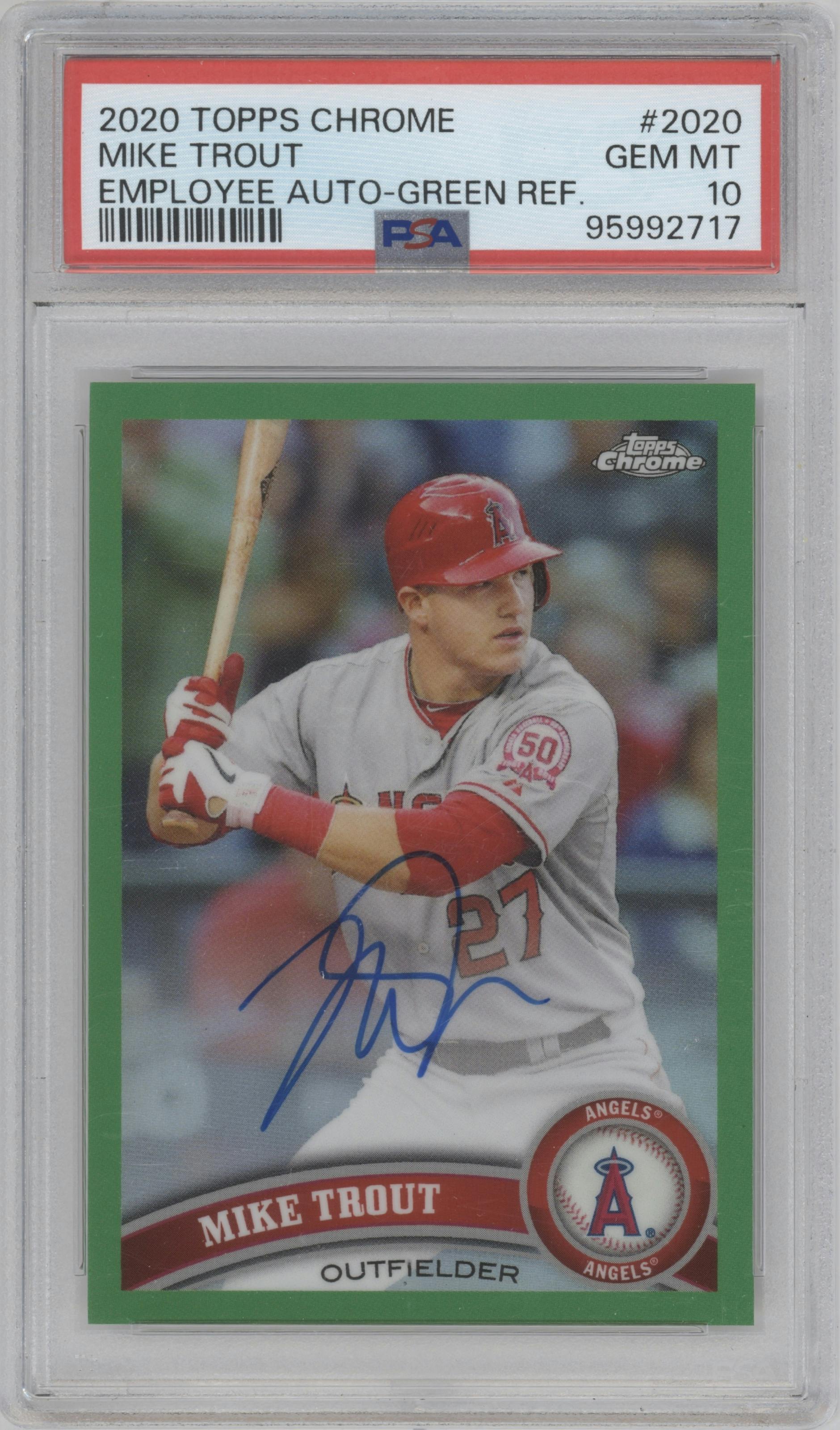 Mike Trout from the 2020 Topps Chrome Employee Exclusive set featuring a Green Refractor parallel graded by PSA and given an overall grade of 10.