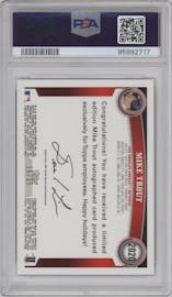 Mike Trout from the 2020 Topps Chrome Employee Exclusive set featuring a Green Refractor parallel graded by PSA and given an overall grade of 10.