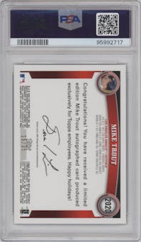 Mike Trout from the 2020 Topps Chrome Employee Exclusive set featuring a Green Refractor parallel graded by PSA and given an overall grade of 10.