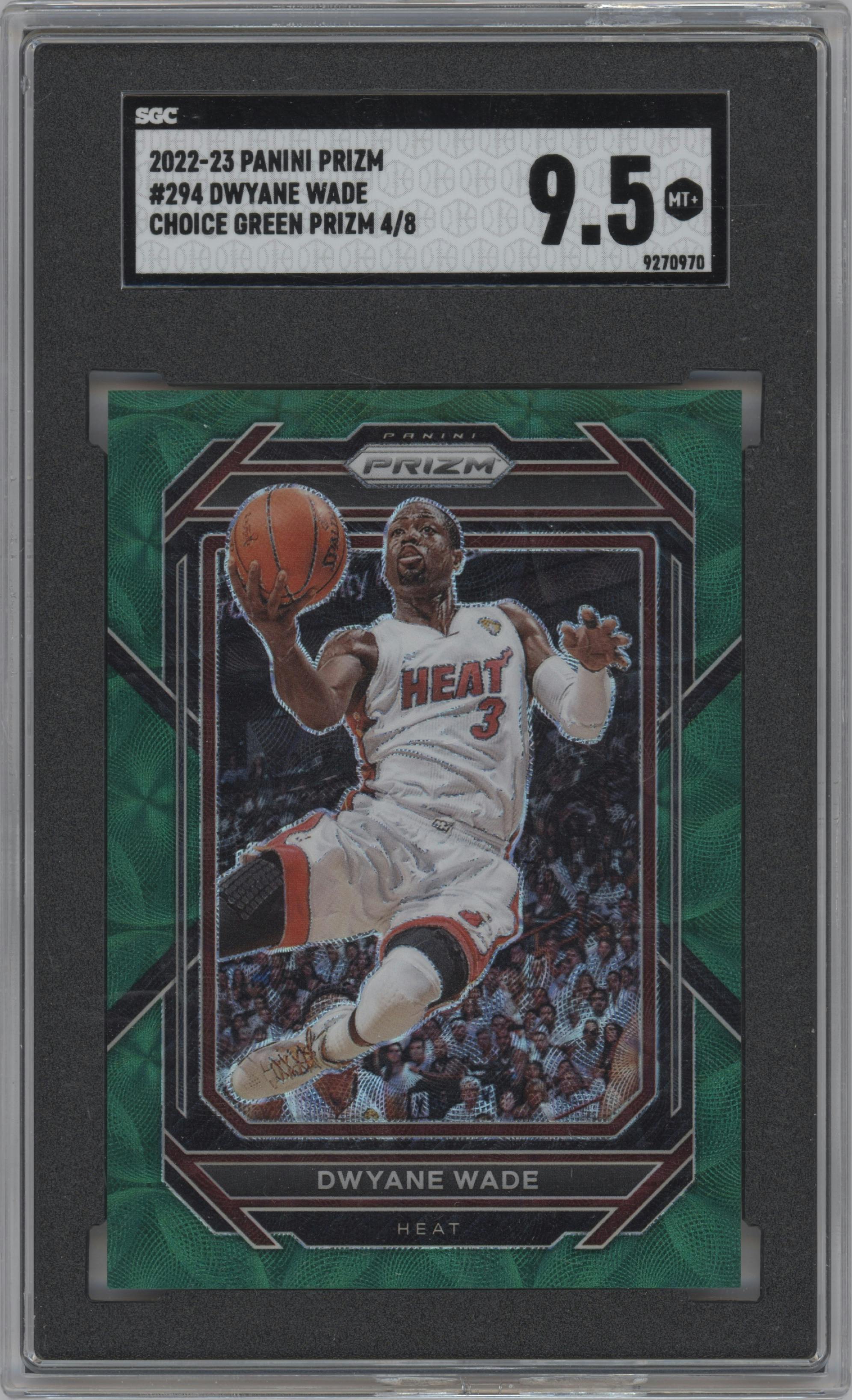 Dwyane Wade from the 2022-23 Panini Prizm  set featuring a Choice Green parallel graded by SGC and given an overall grade of 9.5.