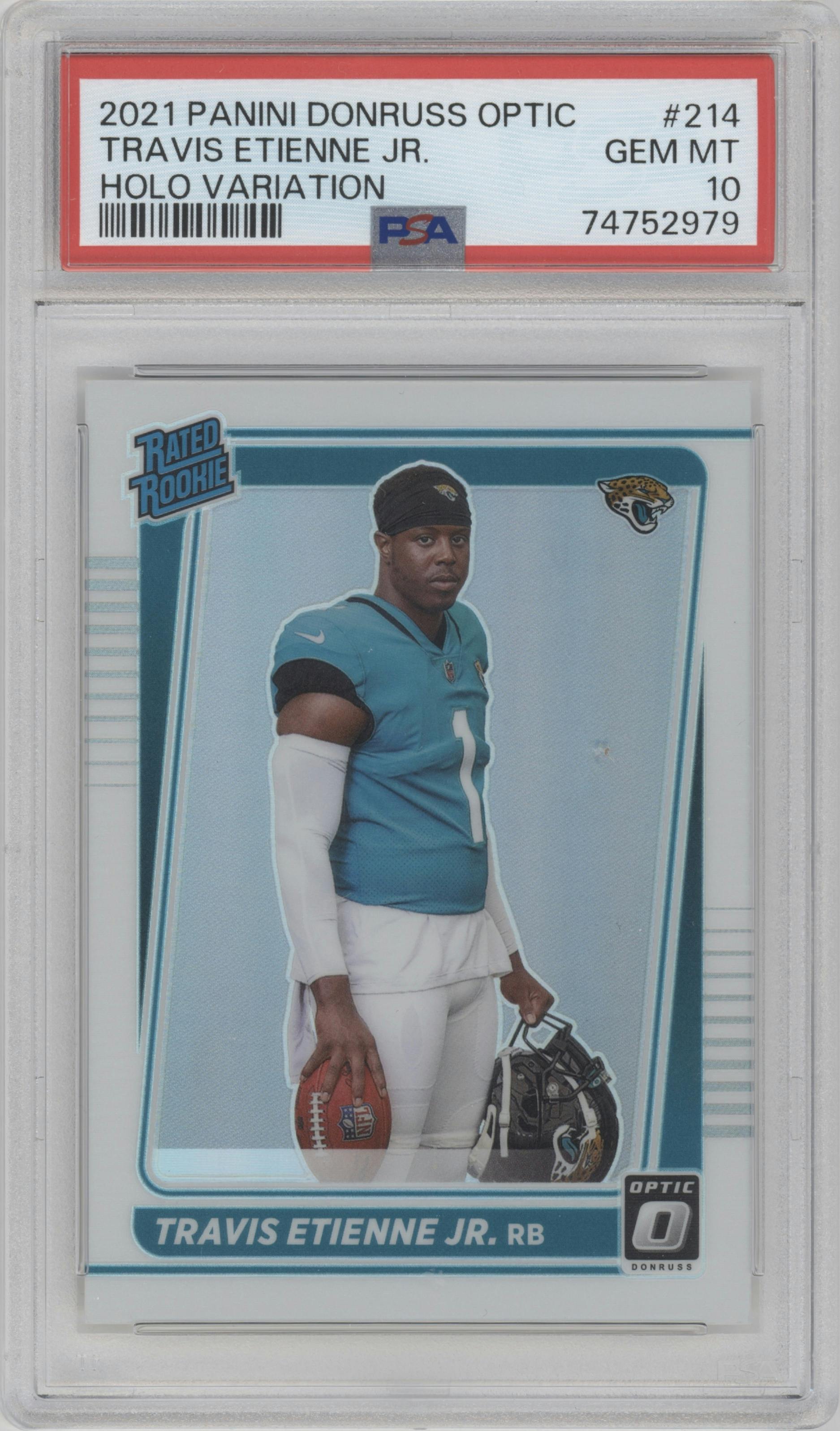 Travis Etienne Jr. from the 2021 Panini Donruss Optic set featuring a Holo Variation parallel graded by PSA and given an overall grade of 10.
