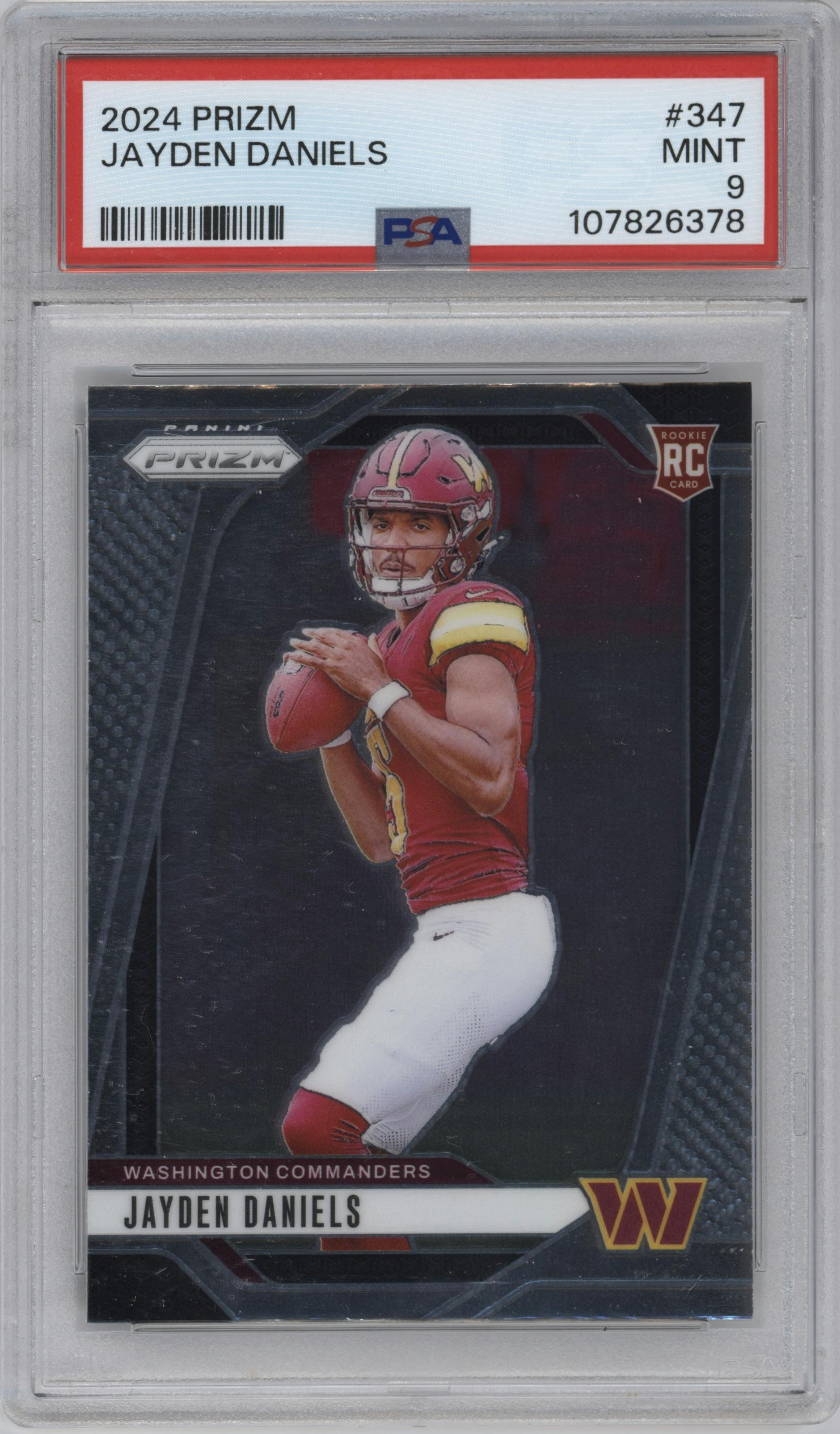 Jayden Daniels from the 2024 Panini Prizm set graded by PSA and given an overall grade of 9.