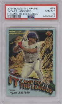 Wyatt Langford from the 2024 Bowman Chrome set graded by PSA and given an overall grade of 10.