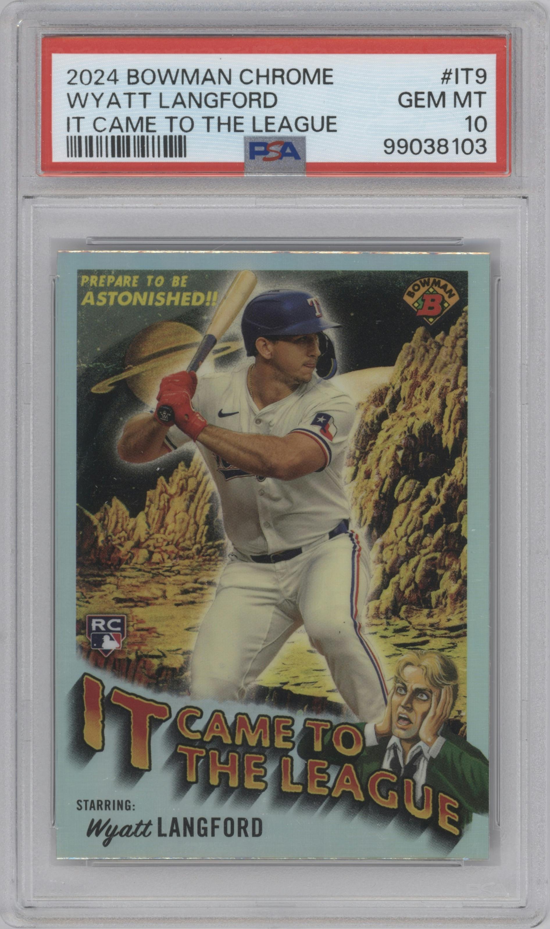 Wyatt Langford from the 2024 Bowman Chrome set graded by PSA and given an overall grade of 10.