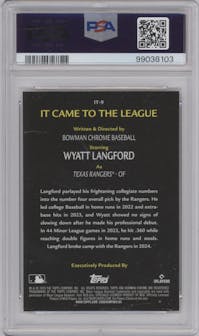 Wyatt Langford from the 2024 Bowman Chrome set graded by PSA and given an overall grade of 10.
