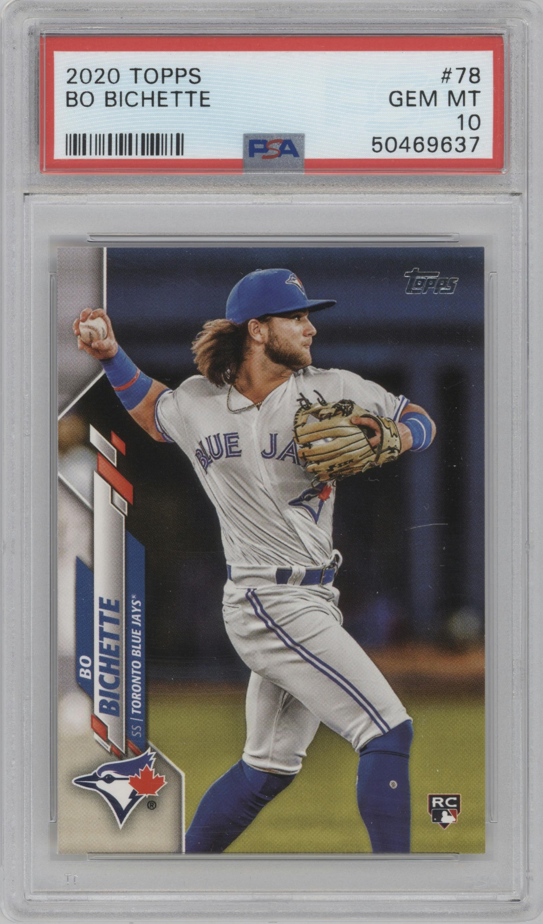 Bo Bichette from the 2020 Topps Series 1 set graded by PSA and given an overall grade of 10.