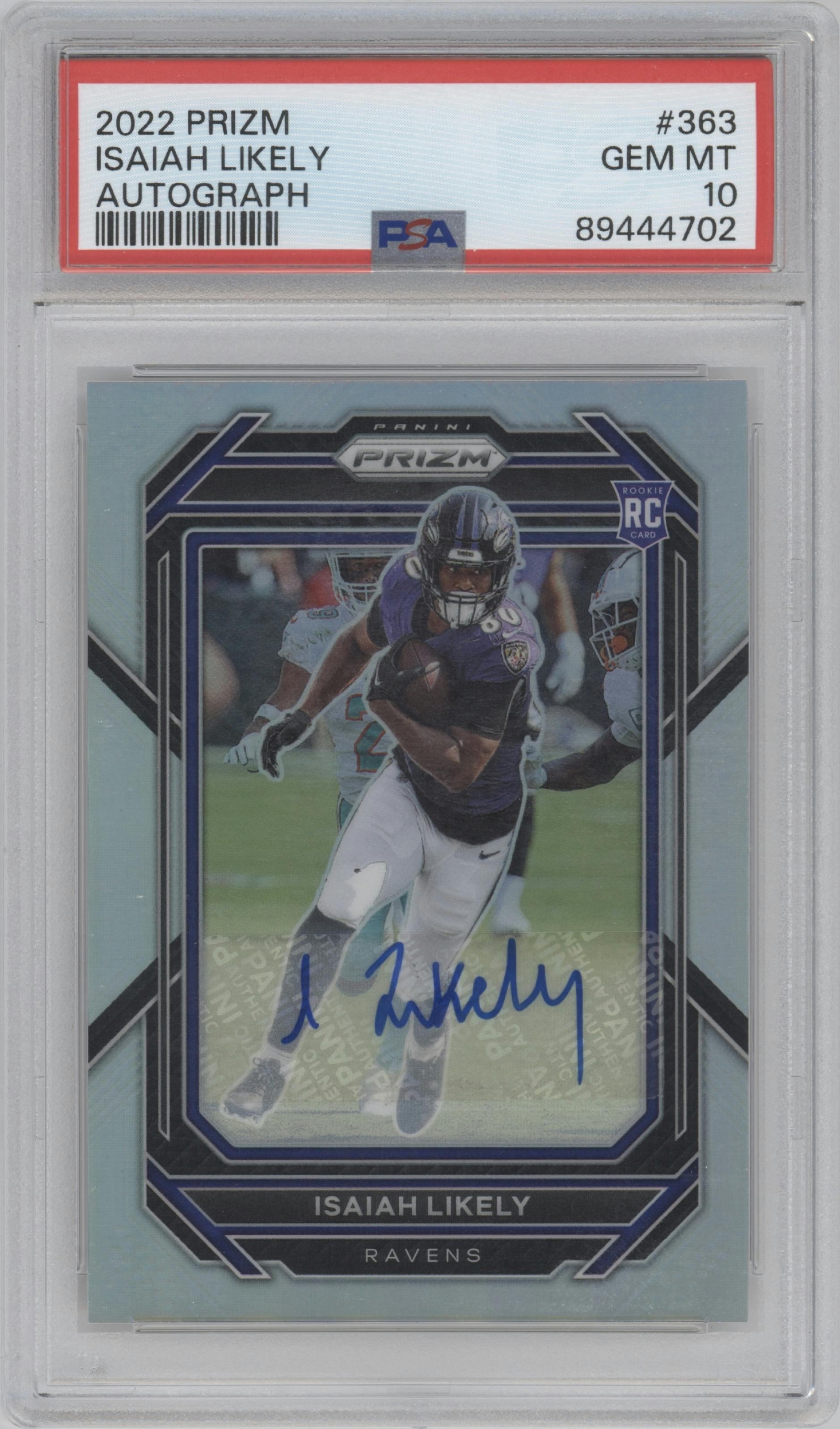 Isaiah Likely from the 2022 Panini Prizm set graded by PSA and given an overall grade of 10.
