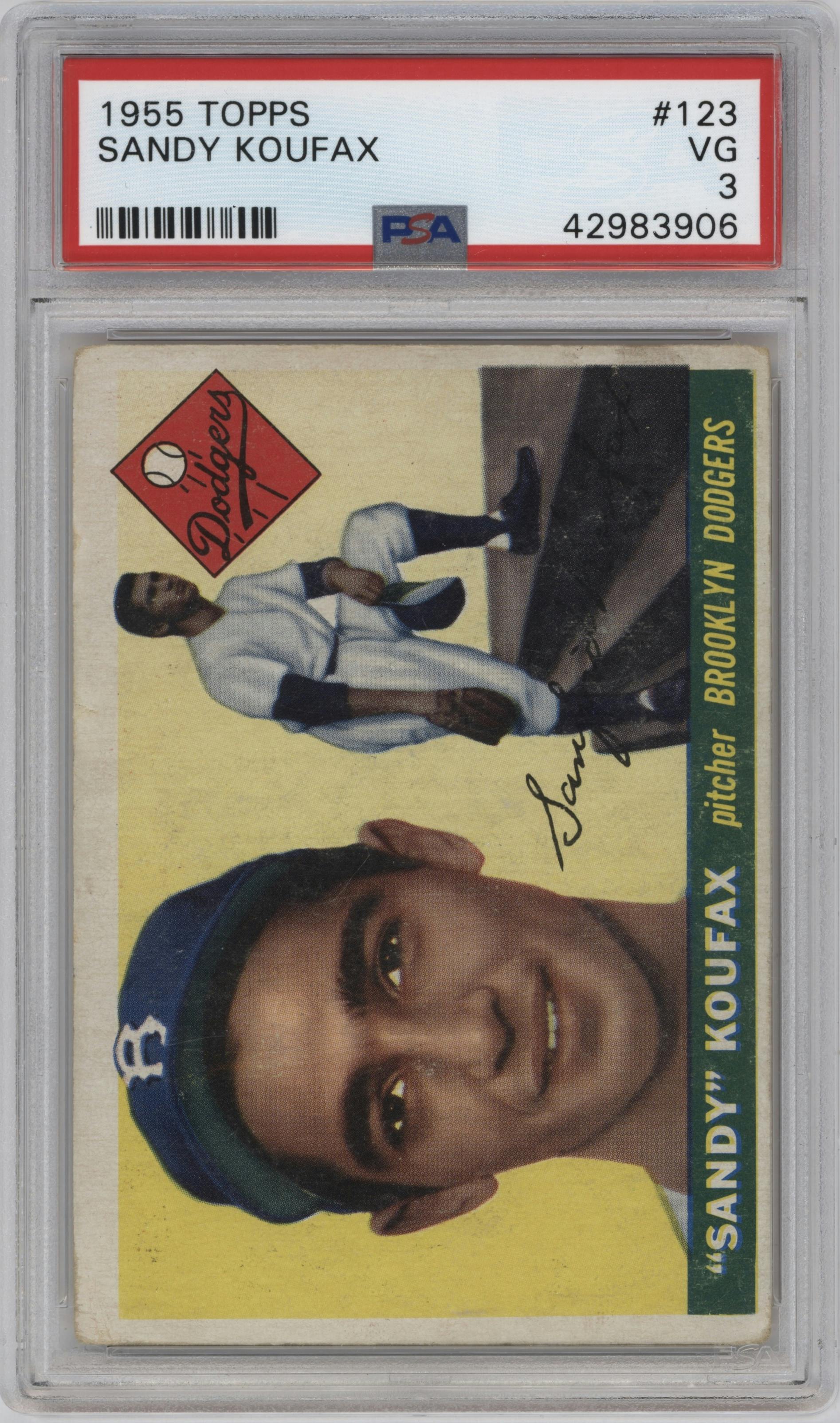 Sandy Koufax from the 1955 Topps set graded by PSA and given an overall grade of 3.