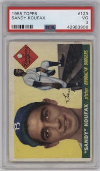 Sandy Koufax from the 1955 Topps set graded by PSA and given an overall grade of 3.