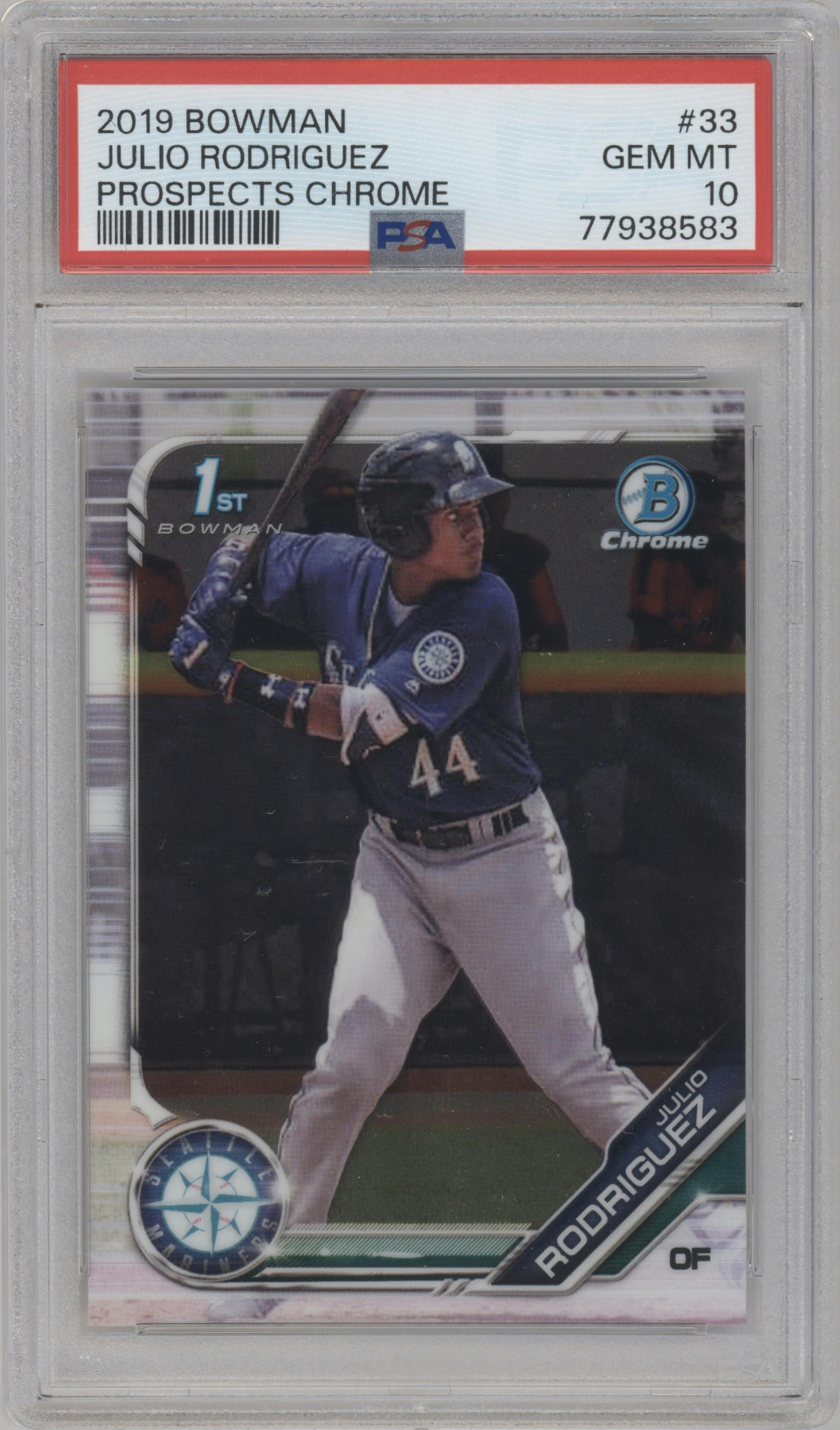 Julio Rodriguez from the 2019 Bowman  set graded by PSA and given an overall grade of 10.