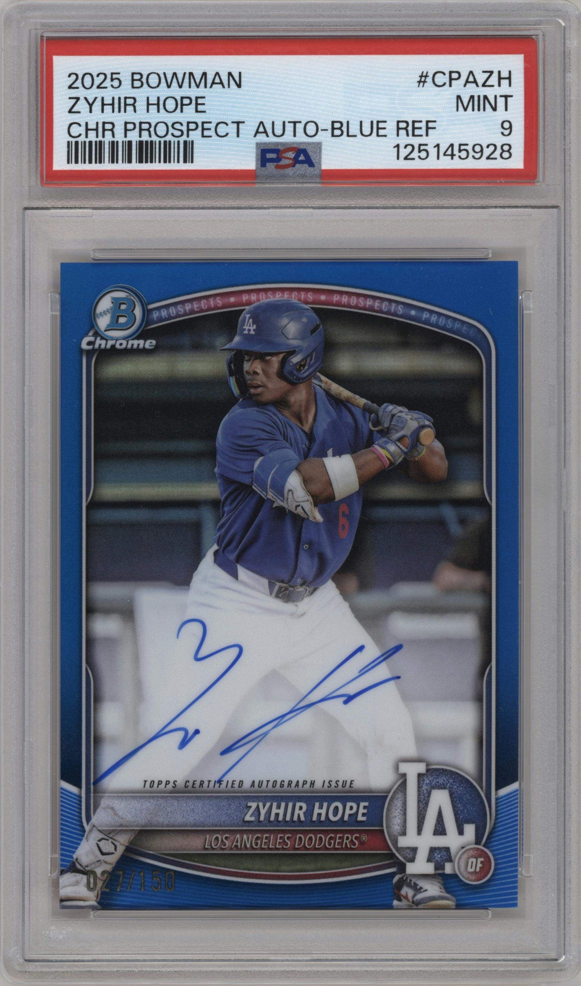 Zyhir Hope from the 2025 Bowman set featuring a Blue Refractor parallel graded by PSA and given an overall grade of 9.