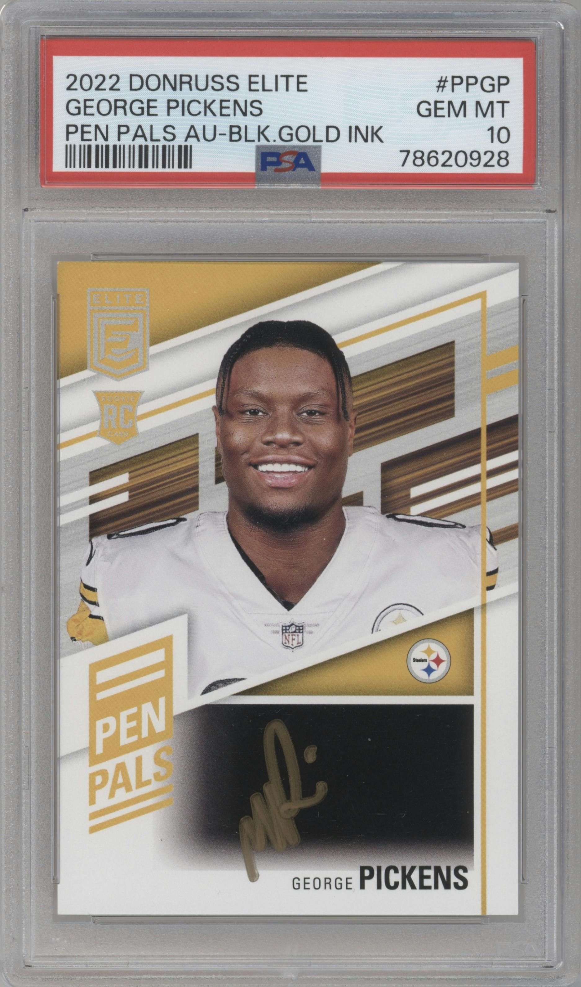 George Pickens from the 2022 Panini Donruss Elite set featuring a Black Gold Ink  parallel graded by PSA and given an overall grade of 10.