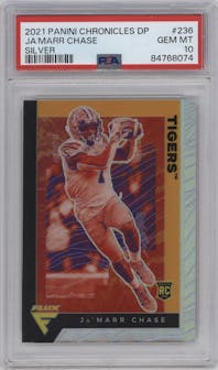 Ja'Marr Chase from the 2021 Panini Chronicles Draft Picks set featuring a Silver parallel graded by PSA and given an overall grade of 10.