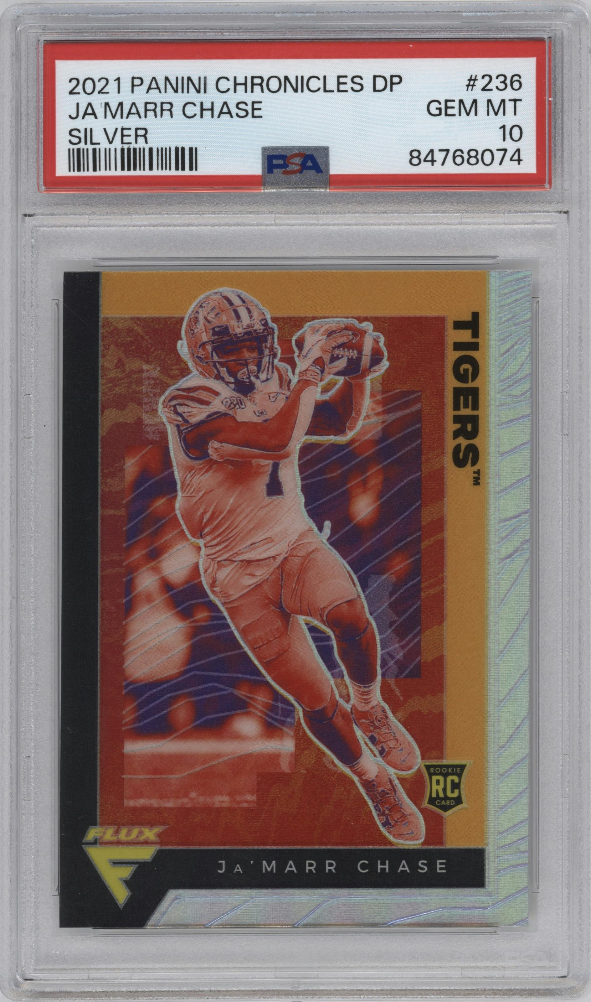 Ja'Marr Chase from the 2021 Panini Chronicles Draft Picks set featuring a Silver parallel graded by PSA and given an overall grade of 10.