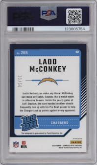 Ladd McConkey from the 2024 Donruss Optic set featuring a Pink Velocity parallel graded by PSA and given an overall grade of 10.