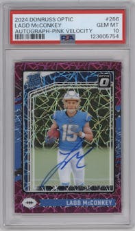 Ladd McConkey from the 2024 Donruss Optic set featuring a Pink Velocity parallel graded by PSA and given an overall grade of 10.