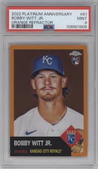 Bobby Witt Jr.  from the 2022 Topps Chrome Platinum Anniversary set featuring a Orange Refractor parallel graded by PSA and given an overall grade of 9.