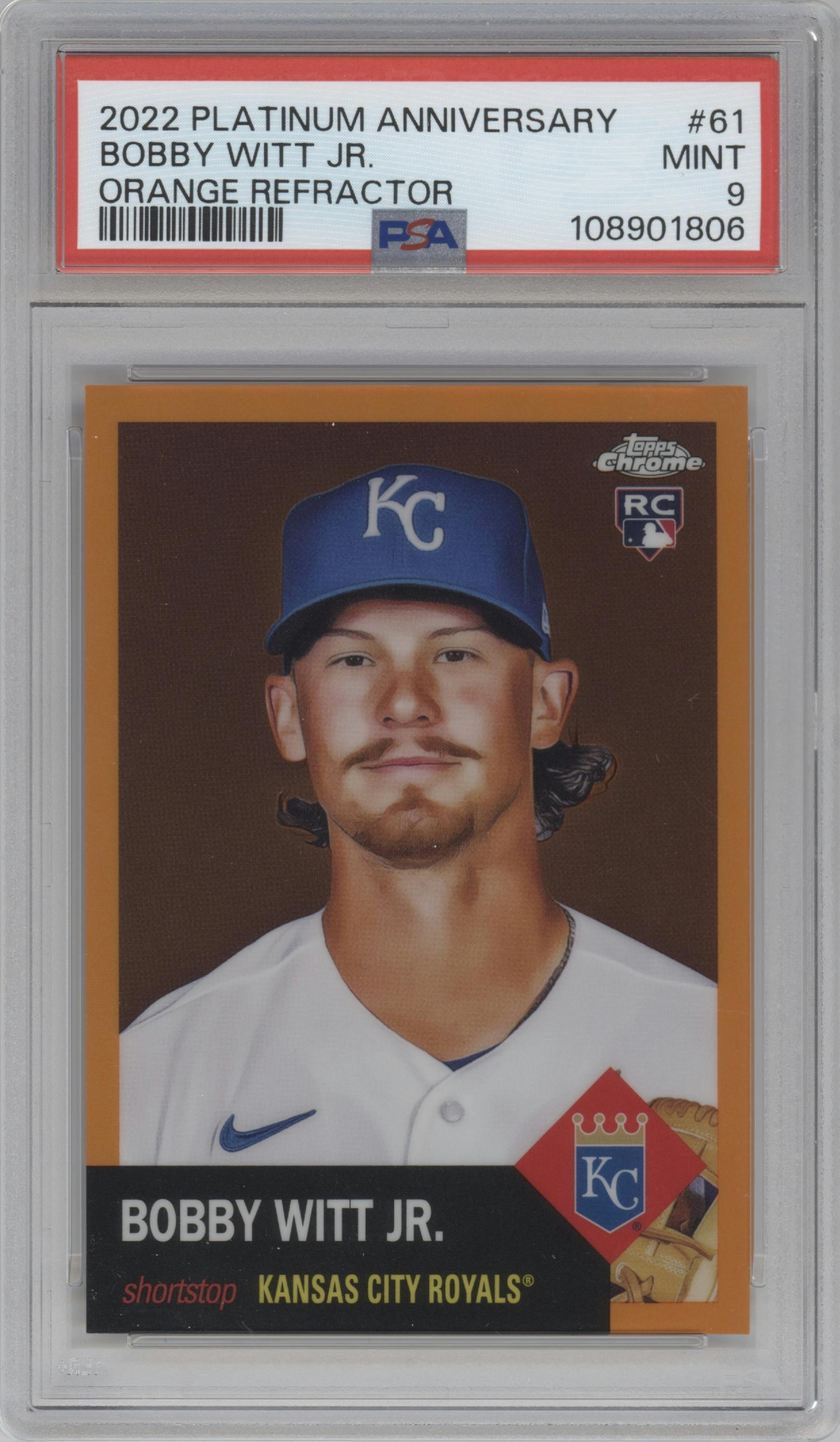Bobby Witt Jr.  from the 2022 Topps Chrome Platinum Anniversary set featuring a Orange Refractor parallel graded by PSA and given an overall grade of 9.