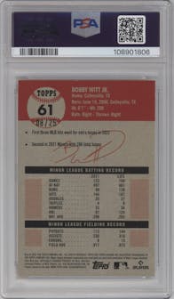 Bobby Witt Jr.  from the 2022 Topps Chrome Platinum Anniversary set featuring a Orange Refractor parallel graded by PSA and given an overall grade of 9.
