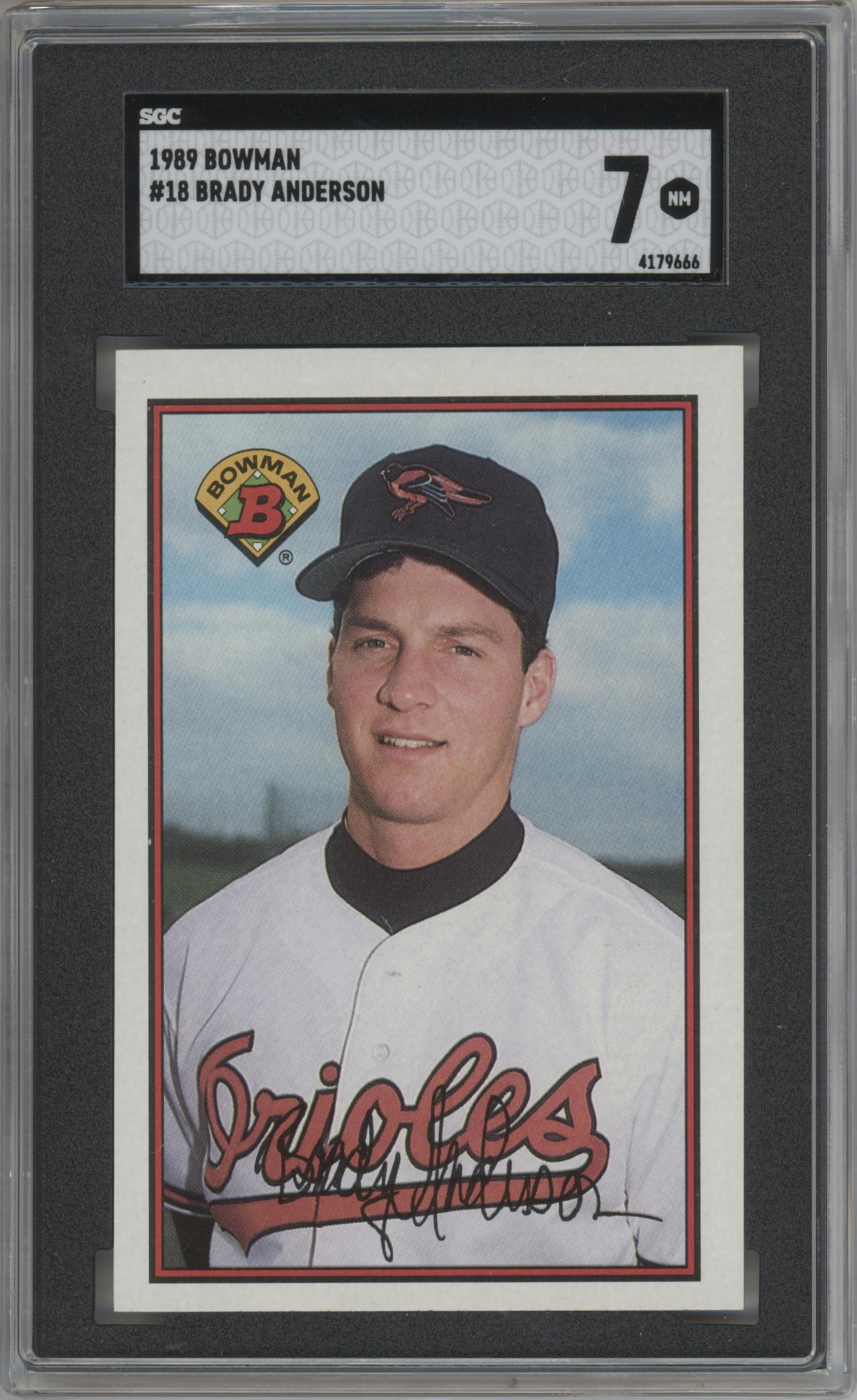 Brady Anderson from the 1989 Bowman set graded by SGC and given an overall grade of 7.