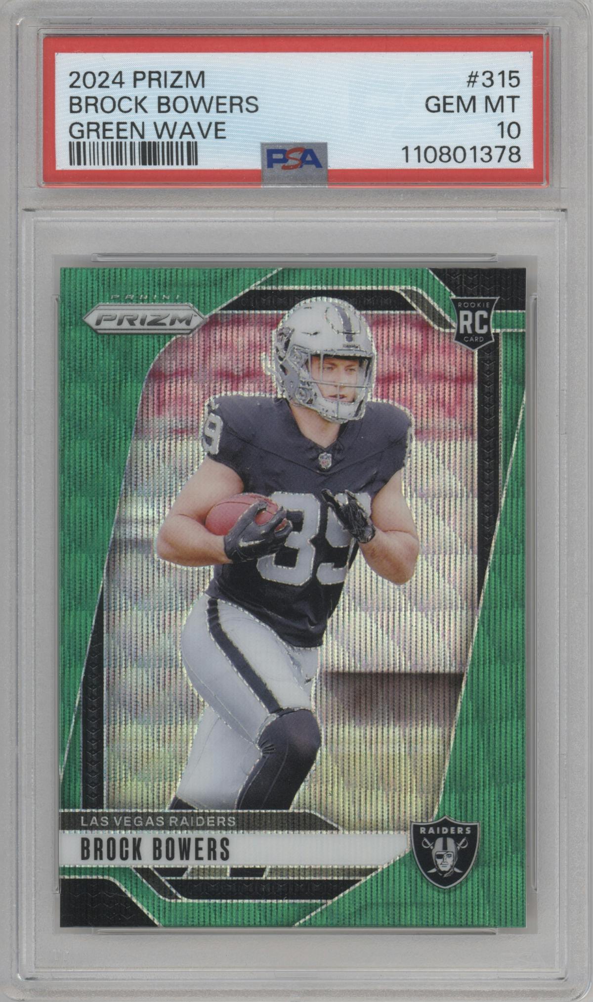 Brock Bowers from the 2024 Panini Prizm set featuring a Green Wave parallel graded by PSA and given an overall grade of 10.