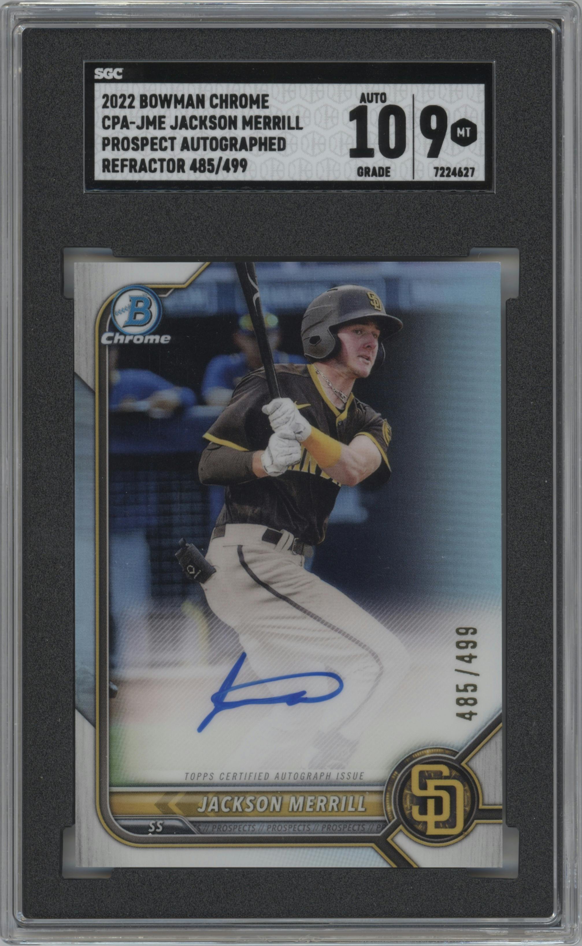 Jackson Merrill from the 2022 Bowman Chrome set featuring a Refractor parallel graded by SGC and given an overall grade of 9.